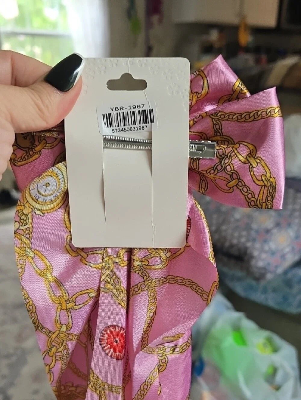 Pink Chain-Print Bow Hair Scarf Clip